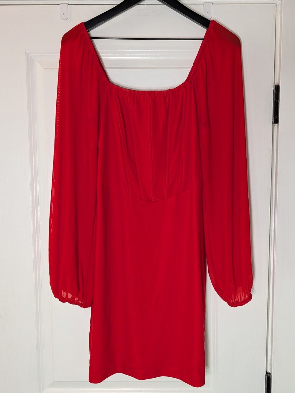 Womenβs Red Long Sheer Sleeve Square-Neck Mini Dress